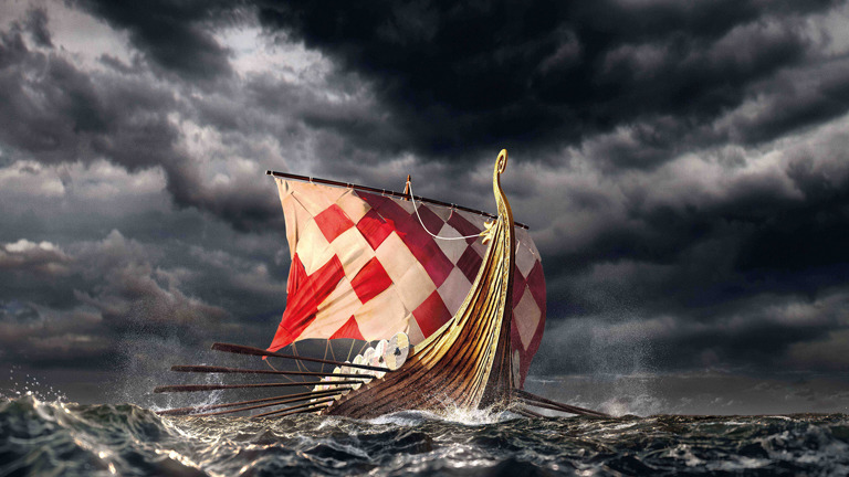 Illustration of a viking ship on storm seas