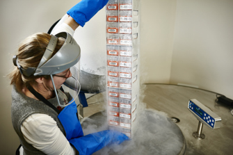 Jo Sumner with specimen box storage in the liquid nitrogen cryofacility freezing tank, Ian Potter Bio-Bank. 