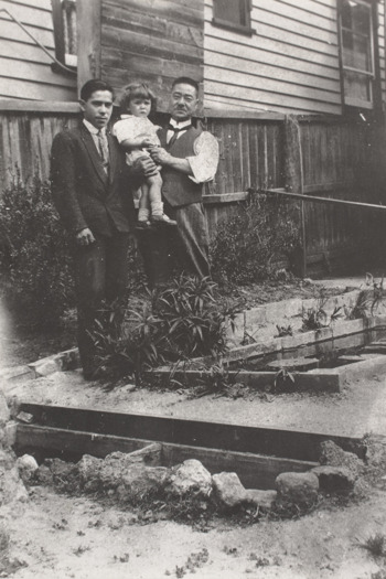 Family photograph two men and child