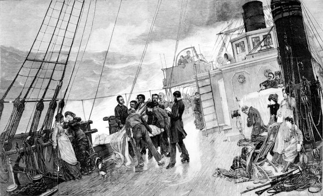 Engraving, 'Burial at Sea', by unknown artist, taken from the Australasian Sketcher, November 1880.