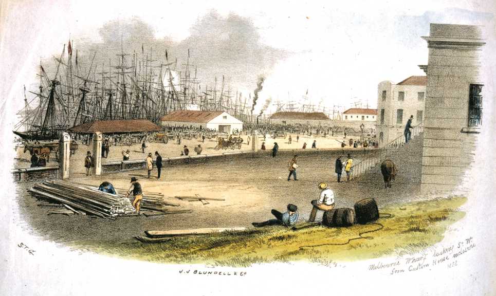 Ships, warehouses, men and cargo at Melbourne docks