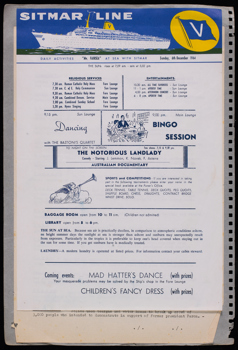 J. R. Alderton scrapbook, page 12, showing Sitmar Line activity list for passengers travelling from Europe to Australia