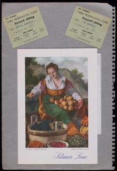 J. R. Alderton scrapbook, page 20: menu for Sitmar Line journey and seating tickets