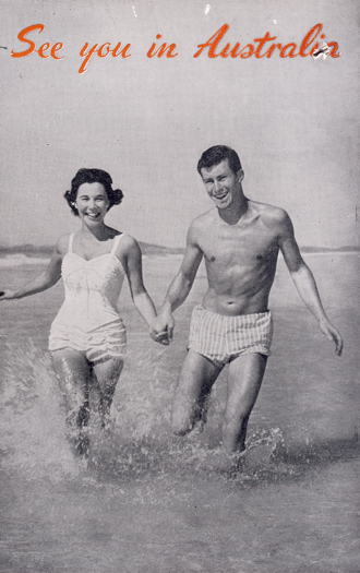 Assisted passages to Australia poster, "See you in Australia", 1963, in which a woman and a man hold hands as they run merrily in water up to their shins.
