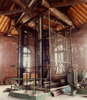 Straining cages and head frame, North Straining House, Spotswood Pumping Station, circa 1982.