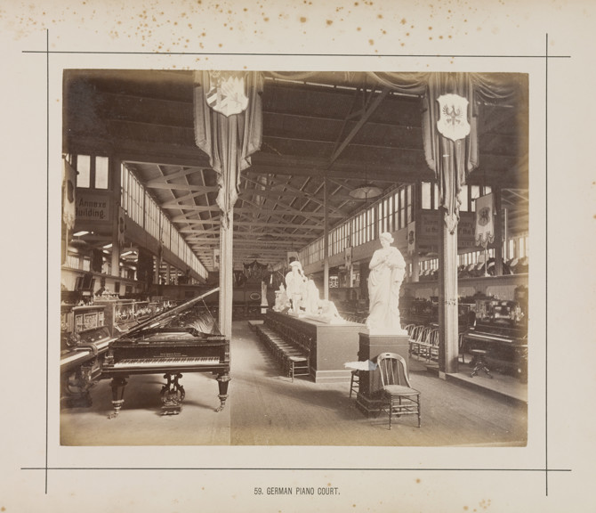 Interior view of the German Piano display in the Royal Exhibition Building during the Melbourne International Exhibition of 1880. Caption reads: 59. German Piano Court.