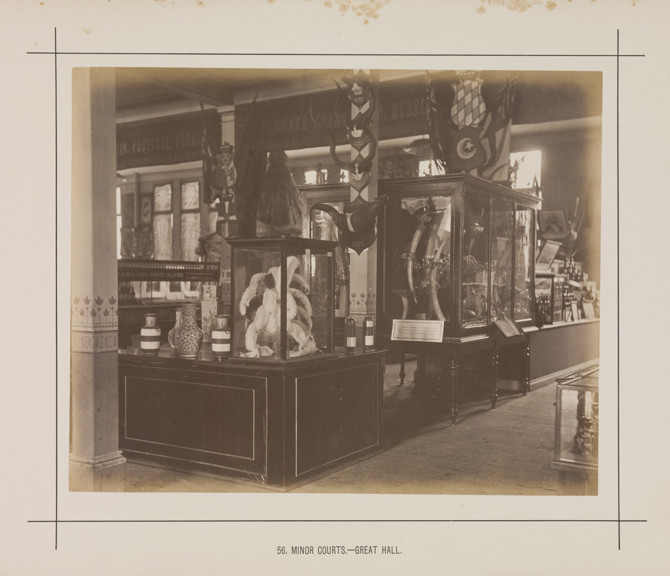 Interior view of the Great Hall of the Royal Exhibition Building showing the minor courts display in the Royal Exhibition Building during the Melbourne International Exhibition of 1880. Caption reads: 56. Minor Courts.- Great Hall