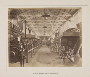 Interior view of the British Machinery Display in an annexe of the Royal Exhibition Building during the Melbourne Internation Exhibition of 1880. Caption reads: British Machine Annexe.- Looking South