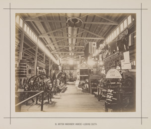 Interior of an annexe to the Royal Exhibition Building showing the British Machinery display during the Melbourne International Exhibition of 1880. Caption reads: British Machinery Annexe.- Looking South