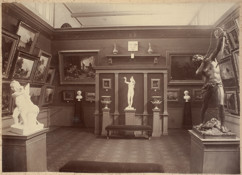 International Exhibition, Melbourne, 1880. Interior view of the Exhibition Building showing the German Fine Arts Gallery in the southern balcony of the western nave in the Great Hall.