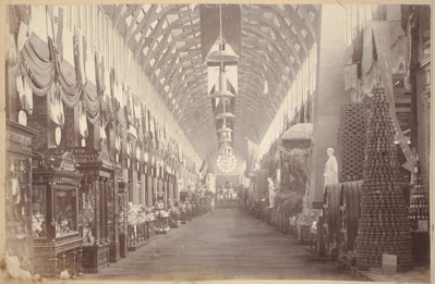 International Exhibition, Melbourne, 1880. Interior view of the Exhibition Building looking northwards along the Main Avenue towards the far end of the temporary annexe.