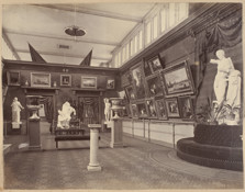 International Exhibition, Melbourne, 1880. Interior view of the Exhibition Building showing the German Fine Arts Gallery in the southern balcony of the western nave in the Great Hall.
