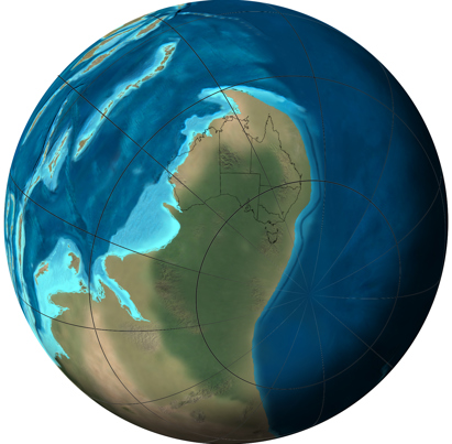 Orthographic or spherical map of global plate tectonic movement. Global paleogeographic reconstruction of the Earth