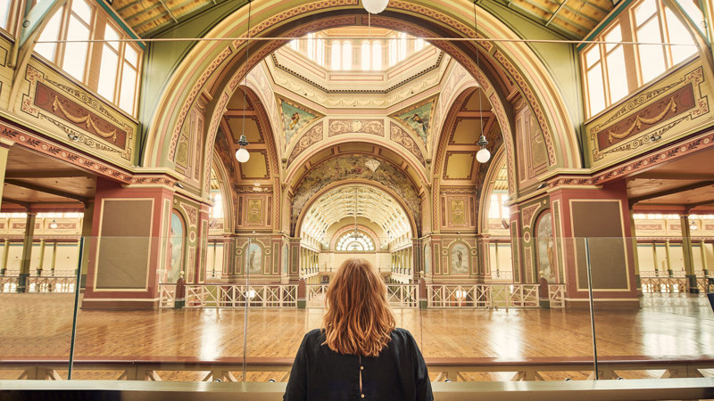 A view of the interior of the Great Hall from the mezzanine level.