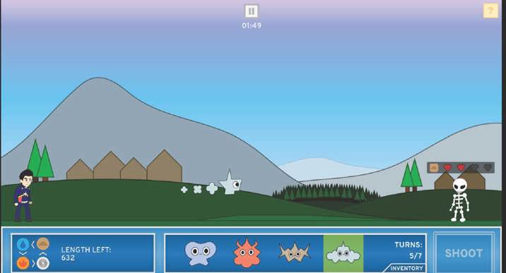 Screenshot of a 2D computer game showing an animated human character on the left facing a skeleton on the right across a hilly landscape with mountains, trees, and buildings.