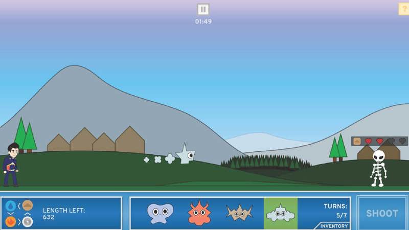 Screenshot of a 2D computer game showing an animated human character on the left facing a skeleton on the right across a hilly landscape with mountains, trees, and buildings.
