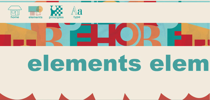 Page from a website with blue, red and orange graphics incorporated in its design. Text on the page reads 'elements'.