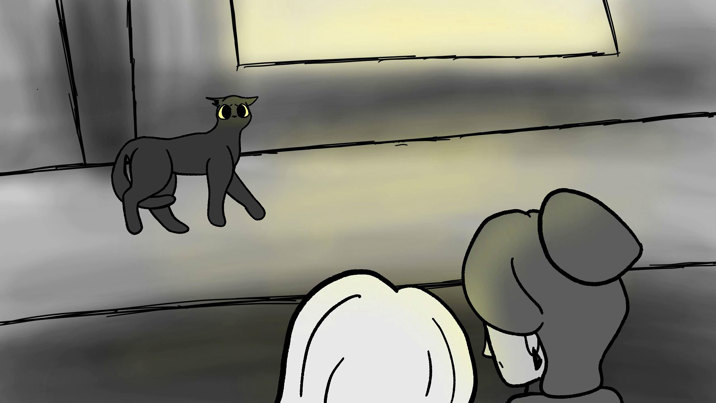 Animation frame showing a grey cat with yellow eyes walking along a hallway while two figures with their backs to the viewer observe.