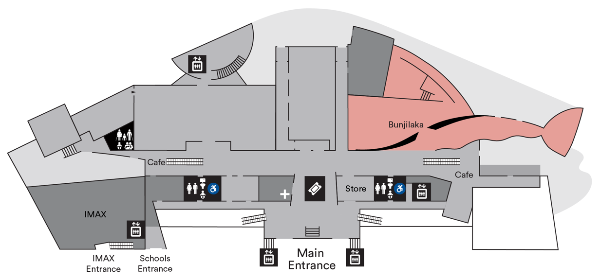 Map of Melbourne Museum, highlighting the Bunjilaka Aboriginal Cultural Centre.