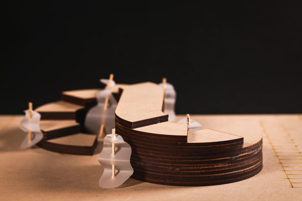 Plywood architectural model with curvature and stepped elevations.