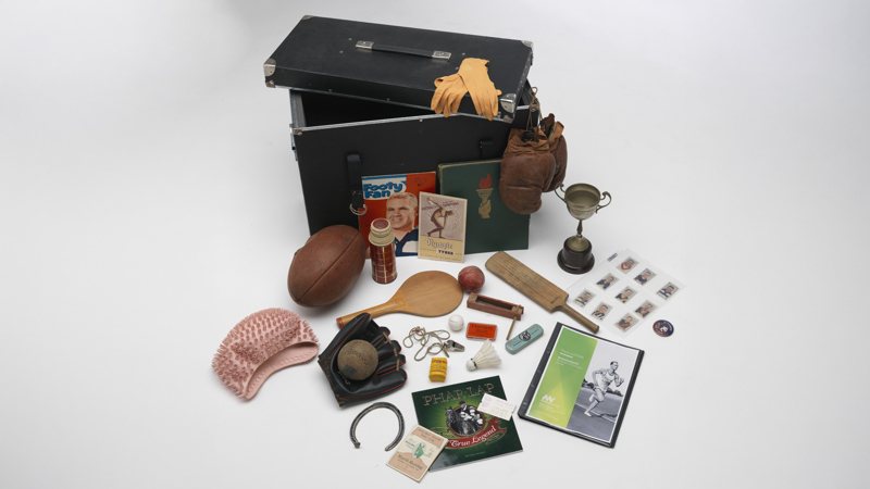 Various objects and props from Track and field reminiscing kit used in outreach program