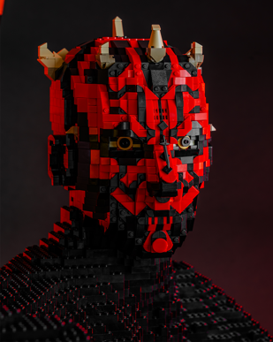 The head of the Sith Lord Darth Maul created out of LEGO for LEGO® Star Wars: The Exhibition at Melbourne Museum.