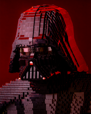 The head of the Sith Lord Darth Vader created out of LEGO for LEGO® Star Wars: The Exhibition at Melbourne Museum.