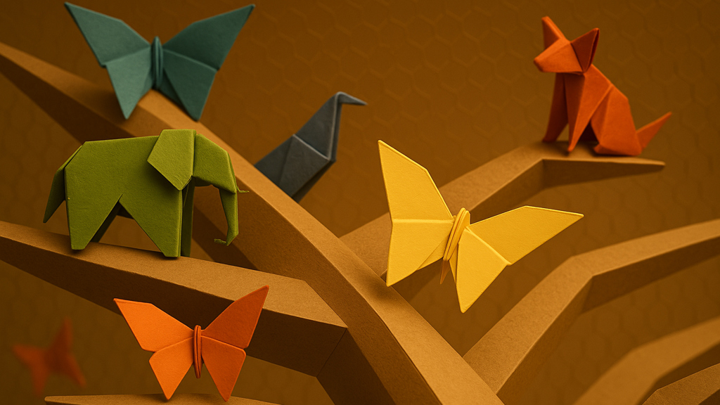 A collection of colourful origami animals and butterflies arranged on a stylised paper tree. Visible figures include a green elephant, a yellow butterfly, an orange butterfly, a blue butterfly, a dark blue bird, and an orange fox, all folded from paper.