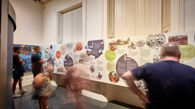 View of the Voices Across Time exhibition at Immigration Museum, showing redeveloped Timeline graphic