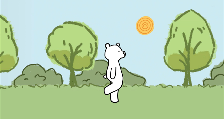Illustration of a white bear walking upright from left to right across a green field. In the background are stylised trees, bushes and the sun.