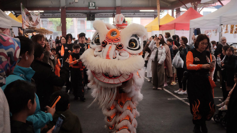 Traditional dragon puppet surrounded by a crowd. 