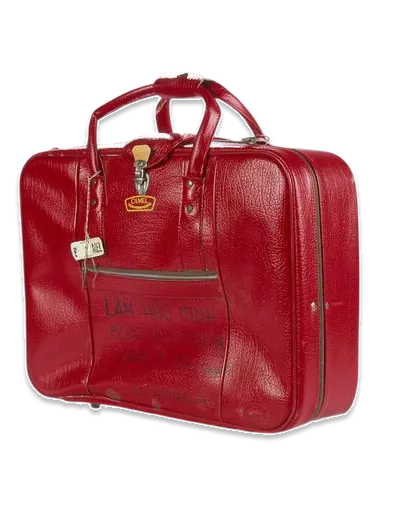 Red vinyl suitcase with carry handles, luggage tag and zippered compartments.