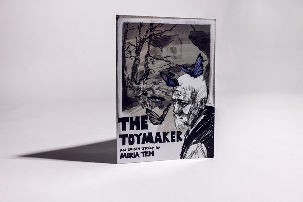 Book cover featuring a black and white sketch of a mournful-looking older man, surrounded by blue and purple butterflies, with bare trees in the background