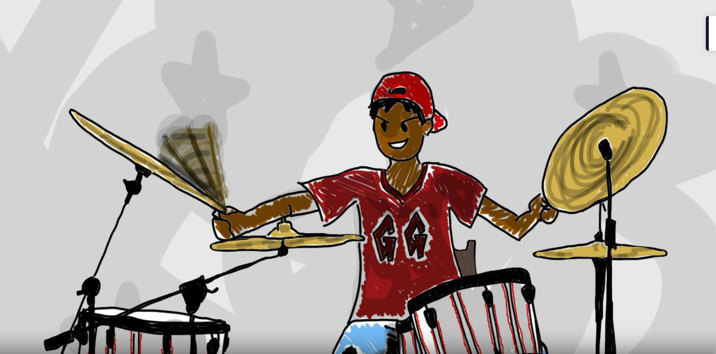 2D animation still of a cartoon character in a red athletic shirt and red cap worn backwards, sitting behind a drumkit and hitting one of the cymbals.