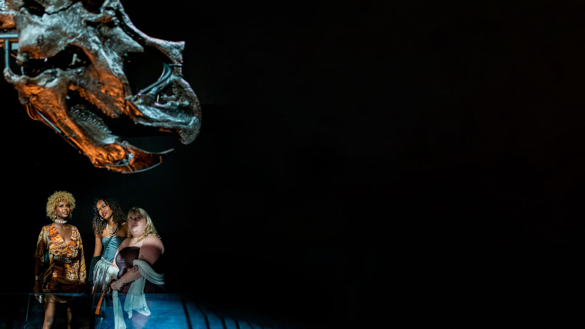 Three women looking at a dinosaur skeleton at Melbourne Msueum.