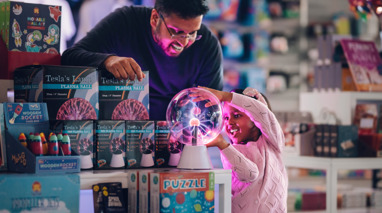 Man and a child looking at merchandise in the Scienceworks shop