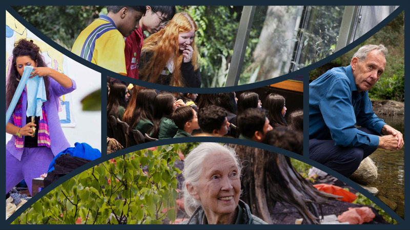A collage of student walking through the forest gallery at Melbourne museum, a design textiles class, Bob brown beside a river, Jane Goodall,. and a class of students watching a presentation. from her 