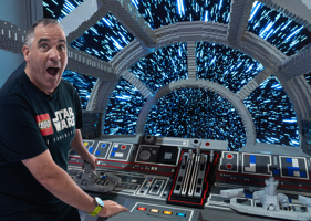 Ryan ‘Brickman’ McNaught in the Millenium Falcon cockpit in LEGO® Star Wars: The Exhibition at Melbourne Museum.