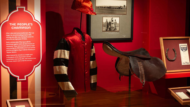 A jockey uniform of red, black and white on display alongside a saddle and horseshoe and other Pharlap artefacts.