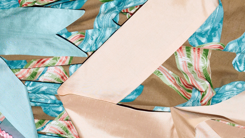 Pink, blue and floral fabric. 