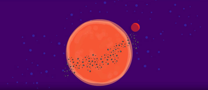 Digital illustration of a large orange planet with a floating band of particles around its middle, set against a deep purple space backdrop with blue dots resembling stars. A smaller, red planet can be seen nearby.