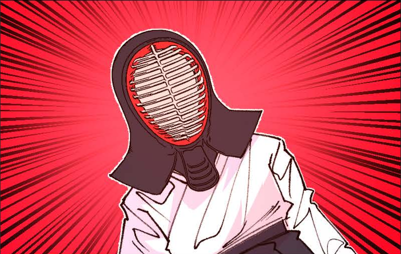 Stylised illustration of a person wearing kendo armour with a red and white protective face mask and a white uniform, against a red background with dynamic lines.