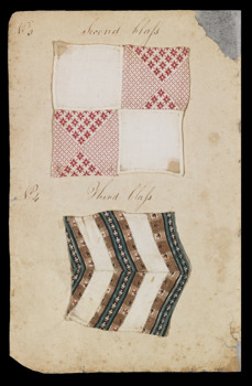 A page from Anne Trotter’s needlework book showing two patterned fabric samples.