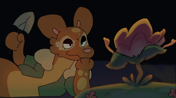 Illustrated scene for 'Wattle' shows a smiling quoll standing in front of rocks, trees and houses.