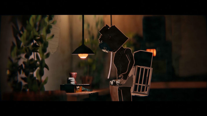 Animated character with a camera for a head stands in a cafe setting.