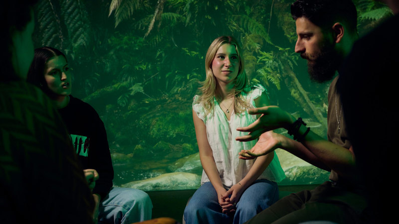 Young adults sitting in a group having a discussion. The lighting is green.