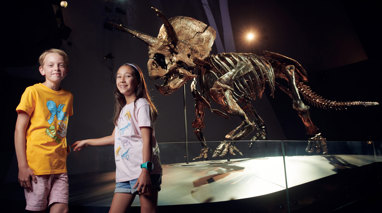 Two primary school age children standing in front of a Triceratops skeleton