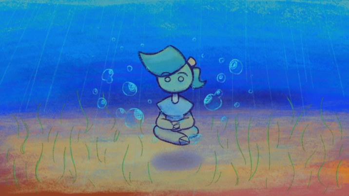 Stylised character with a ponytail sits cross-legged underwater, surrounded by bubbles and swaying sea grass, with light filtering from above.