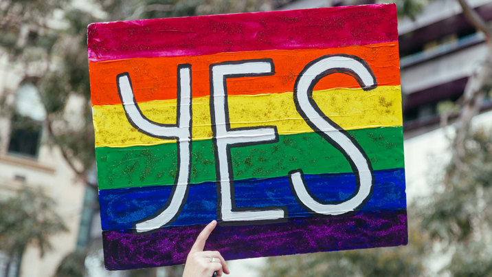 Close up of a rainbow sign with the word 'YES' in white, at a demonstration for same-sex marriage rights outside the State Library of Victoria