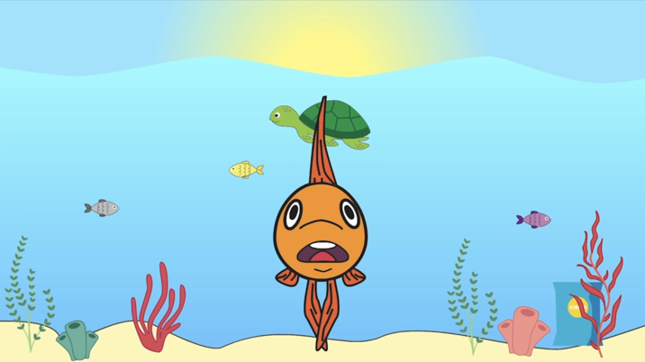 Illustration of an underwater scene with sand, plants and sea life. In the centre is a goldfish with a shocked expression, looking directly at the viewer. 